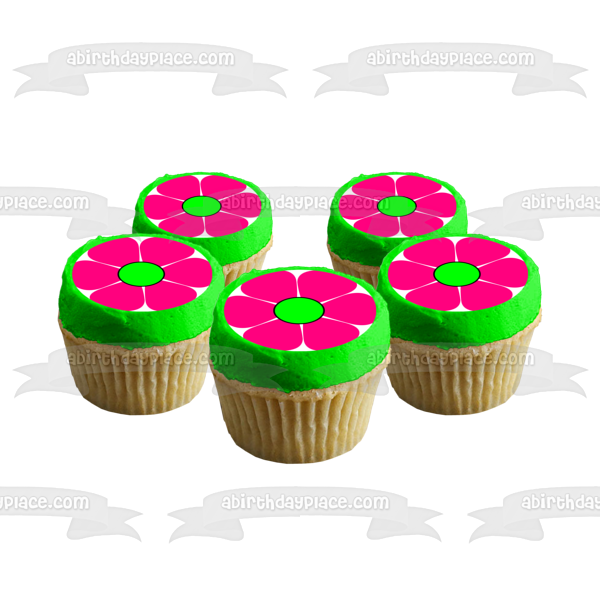 Adorno comestible para tarta con flor de dibujos animados rosa y verde, imagen ABPID12986 