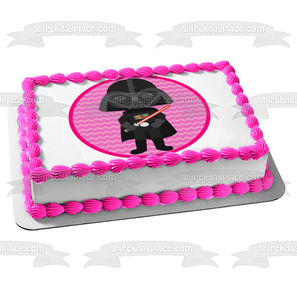 Star Wars Cartoon Darth Vader Lightsaber Pink Background Edible Cake Topper Image ABPID12714