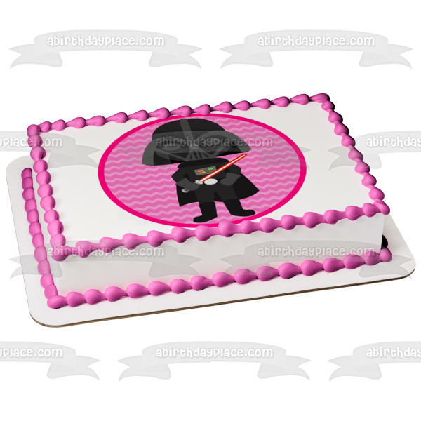 Star Wars Cartoon Darth Vader Lightsaber Pink Background Edible Cake Topper Image ABPID12714