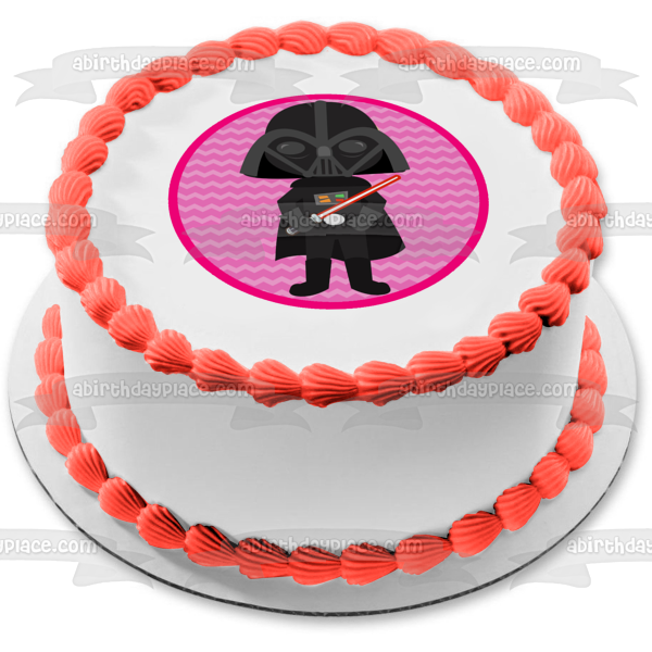 Star Wars Cartoon Darth Vader Lightsaber Pink Background Edible Cake Topper Image ABPID12714