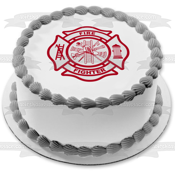 Imagen de decoración comestible para tarta con logotipo de bombero, escalera, boca de incendios, color rojo, ABPID13013 