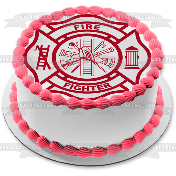 Imagen de decoración comestible para tarta con logotipo de bombero, escalera, boca de incendios, color rojo, ABPID13013 