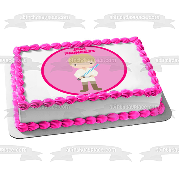 Star Wars Cartoon Anakin Skywalker Lightsaber Jedi Princess Pink Background Edible Cake Topper Image ABPID12716