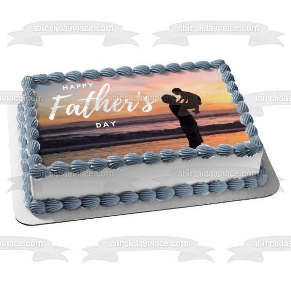 Happy Father's Day Father and Baby Silhouette Ocean Background Edible Cake Topper Image ABPID54037