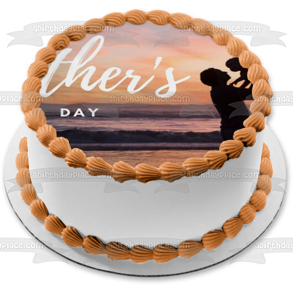 Happy Father's Day Father and Baby Silhouette Ocean Background Edible Cake Topper Image ABPID54037