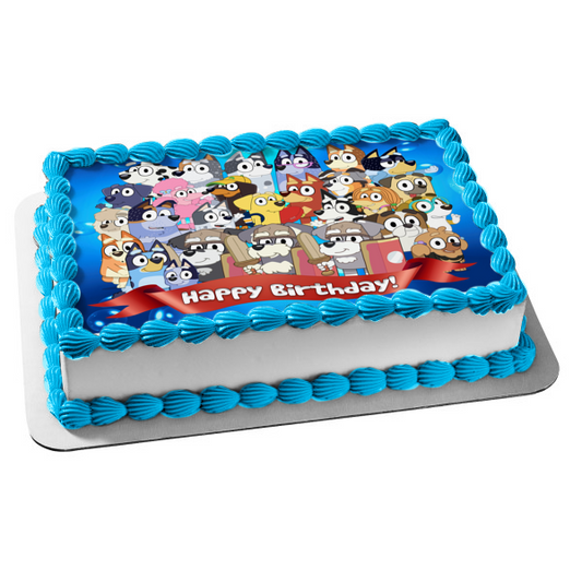 Bluey Cast Happy Birthday Banner Bandit Chilli Mrs. Retreiver Aunt Trixie Heeler Edible Cake Topper Image ABPID54026