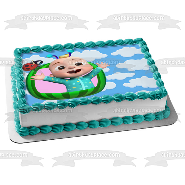 Cocomelon Baby JJ en sandía, mariquita, nubes, fondo relleno, decoración comestible para tarta, imagen ABPID54029 