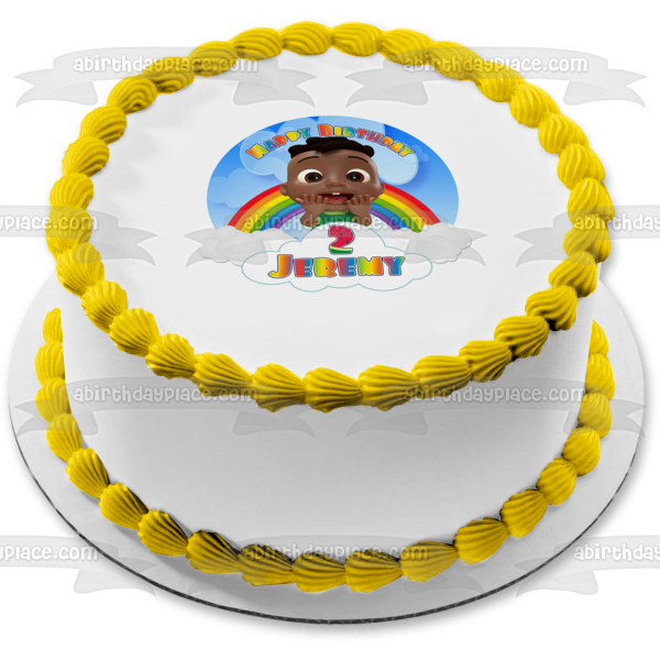 Cocomelon Cody Rainbow Clouds Feliz cumpleaños Tu nombre personalizado Imagen comestible para decoración de tarta ABPID54031 