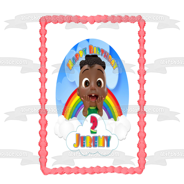 Cocomelon Cody Rainbow Clouds Feliz cumpleaños Tu nombre personalizado Imagen comestible para decoración de tarta ABPID54031 