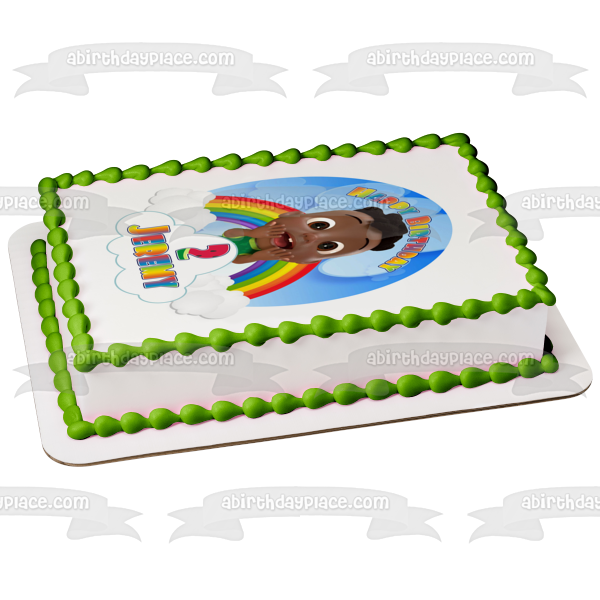 Cocomelon Cody Rainbow Clouds Feliz cumpleaños Tu nombre personalizado Imagen comestible para decoración de tarta ABPID54031 