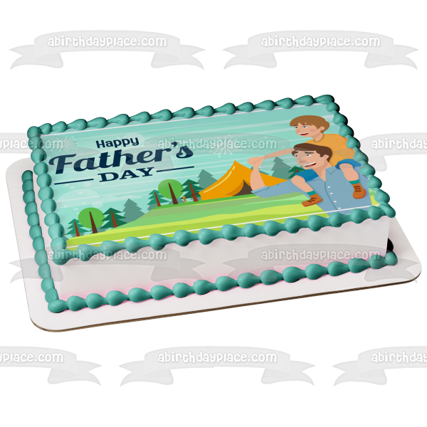 Feliz día del padre, padre e hijo, tienda de campaña, árboles, decoración comestible para tarta, imagen ABPID54046 