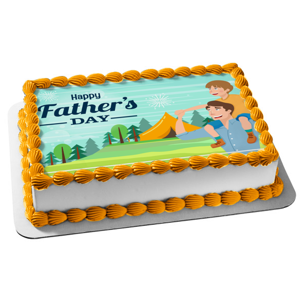 Happy Father's Day Father and Son Camping Tent Trees Edible Cake Topper Image ABPID54046