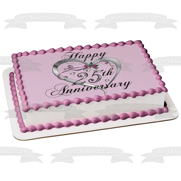 Happy 25th Anniversary Silver Heart Edible Cake Topper Image ABPID13041