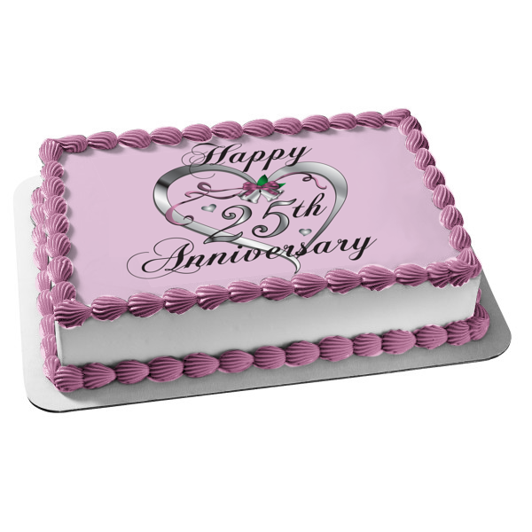 Happy 25th Anniversary Silver Heart Edible Cake Topper Image ABPID13041