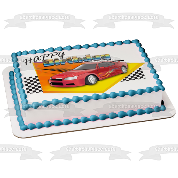 Happy Birthday Racing Red Car Checkered Flag Edible Cake Topper Image ABPID13062