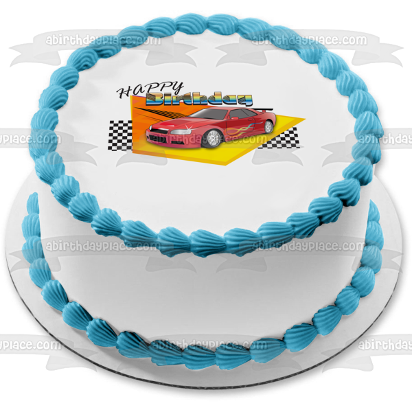 Happy Birthday Racing Red Car Checkered Flag Edible Cake Topper Image ABPID13062