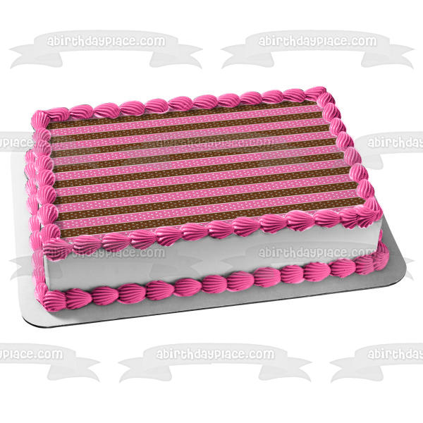 Pink and Brown Vertical Ribbon Stripes with White Dots Edible Cake Topper Image ABPID13069