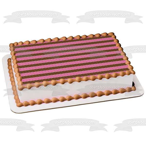 Pink and Brown Vertical Ribbon Stripes with White Dots Edible Cake Topper Image ABPID13069