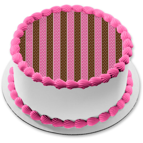 Pink and Brown Vertical Ribbon Stripes with White Dots Edible Cake Topper Image ABPID13069