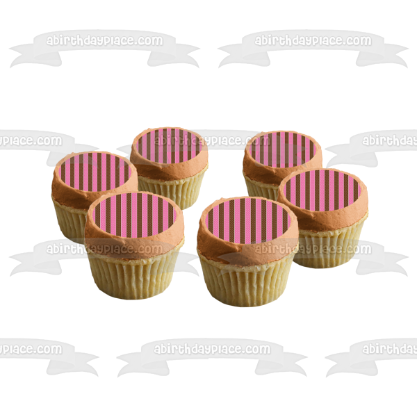 Pink and Brown Vertical Ribbon Stripes with White Dots Edible Cake Topper Image ABPID13069