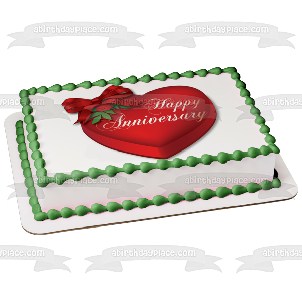 Feliz aniversario caja de regalo en forma de corazón rojo lazo de cinta adorno comestible para tarta imagen ABPID13070 