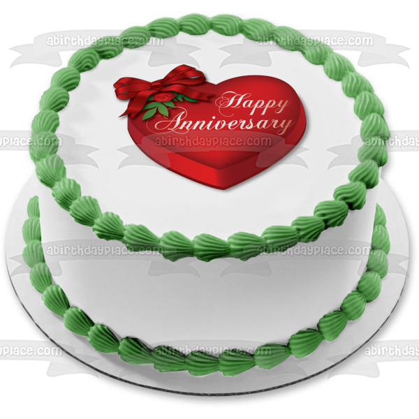 Feliz aniversario caja de regalo en forma de corazón rojo lazo de cinta adorno comestible para tarta imagen ABPID13070 