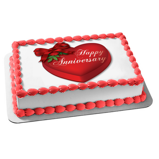 Happy Anniversary Red Heart Shaped Gift Box Ribbon Bow Edible Cake Topper Image ABPID13070