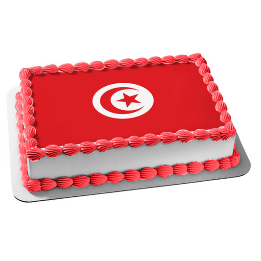 National Flag of Tunisia White Red Crescent Star Edible Cake Topper Image ABPID13076