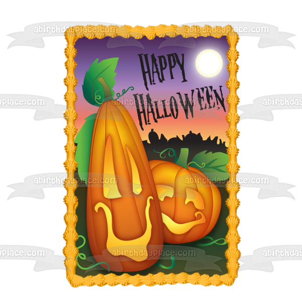 Imagen comestible para decoración de tarta con diseño de calabazas y luz de luna de Happy Halloween ABPID13083 