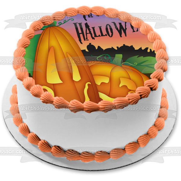 Imagen comestible para decoración de tarta con diseño de calabazas y luz de luna de Happy Halloween ABPID13083 