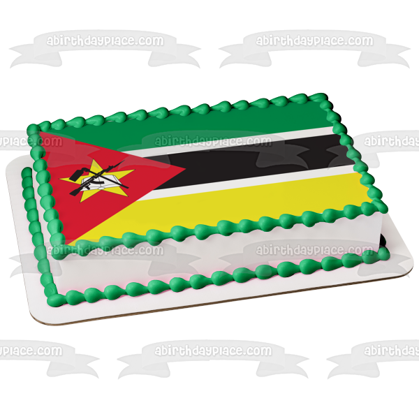 La bandera de Mozambique Verde Negro Rojo Amarillo Amanecer un Ak-47 con una bayoneta unida al barril Imagen comestible para decoración de tartas ABPID13089 