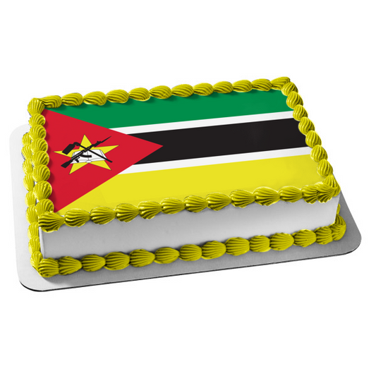 La bandera de Mozambique Verde Negro Rojo Amarillo Amanecer un Ak-47 con una bayoneta unida al barril Imagen comestible para decoración de tartas ABPID13089 