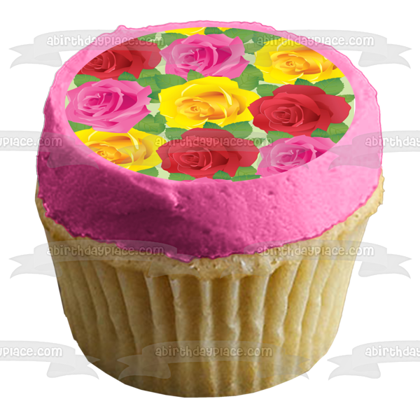 Roses Pink Yellow Red Leaves Pattern Edible Cake Topper Image ABPID13090