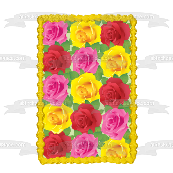 Roses Pink Yellow Red Leaves Pattern Edible Cake Topper Image ABPID13090