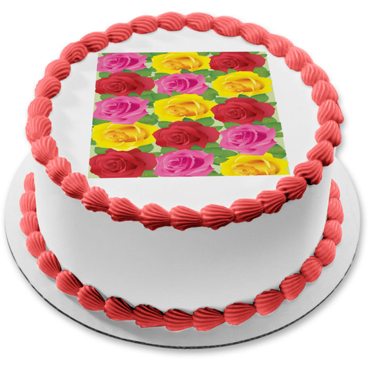 Adorno comestible para tarta con diseño de hojas rosas, amarillas y rojas, imagen ABPID13090 