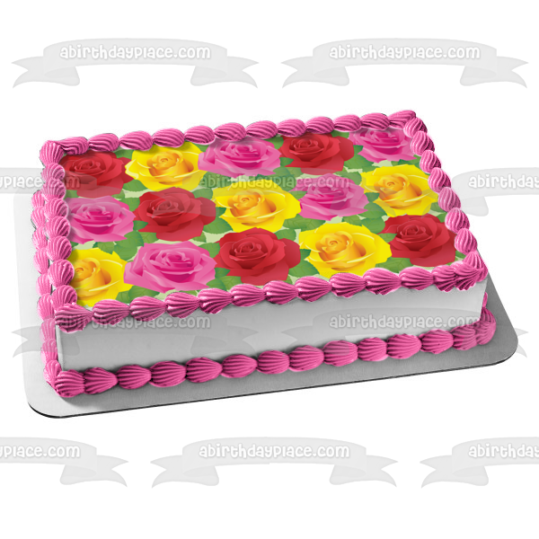 Roses Pink Yellow Red Leaves Pattern Edible Cake Topper Image ABPID13090