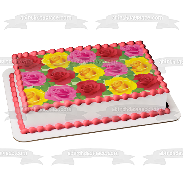 Roses Pink Yellow Red Leaves Pattern Edible Cake Topper Image ABPID13090