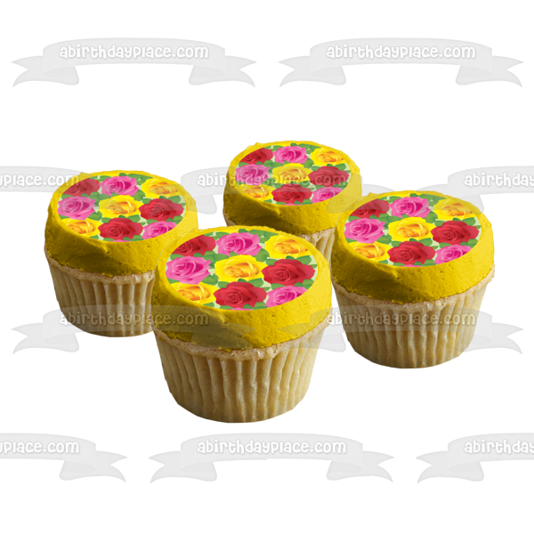 Roses Pink Yellow Red Leaves Pattern Edible Cake Topper Image ABPID13090