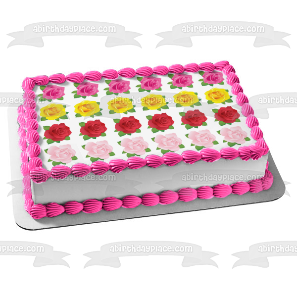 Roses Pink Yellow Red Purple Pattern Edible Cake Topper Image ABPID13092