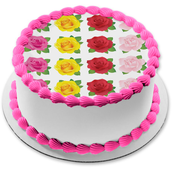 Roses Pink Yellow Red Purple Pattern Edible Cake Topper Image ABPID13092