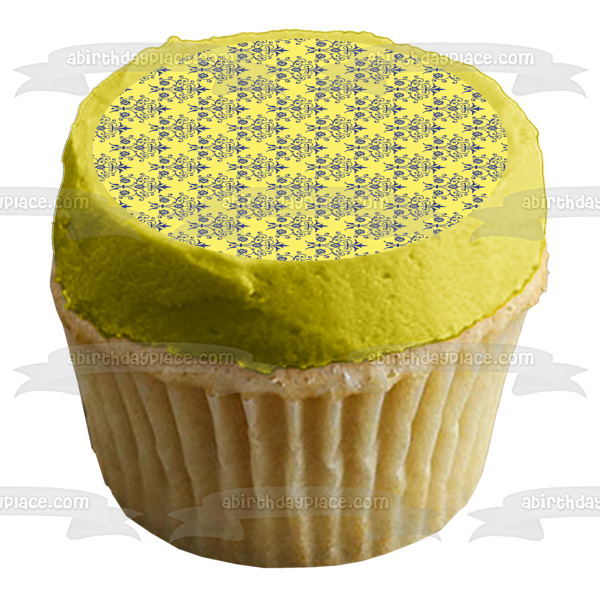 Adorno comestible para tarta con fondo amarillo y patrón de damasco azul, imagen ABPID13093 