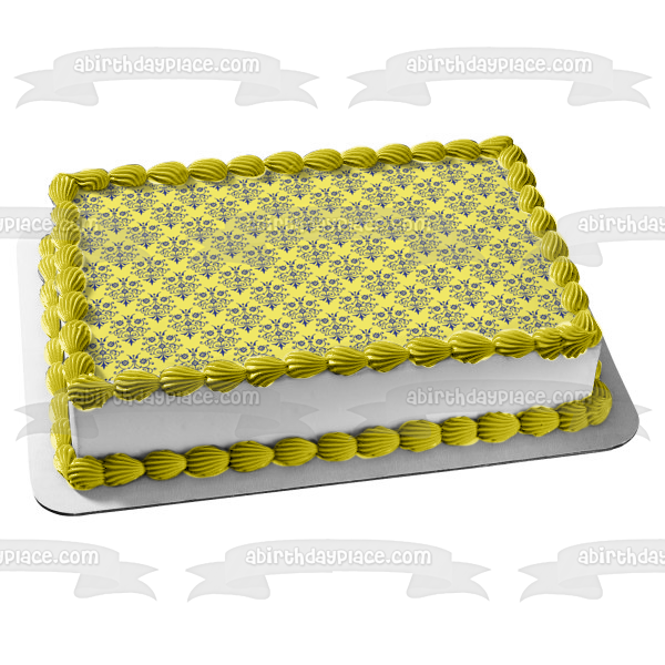 Adorno comestible para tarta con fondo amarillo y patrón de damasco azul, imagen ABPID13093 