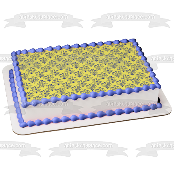 Adorno comestible para tarta con fondo amarillo y patrón de damasco azul, imagen ABPID13093 