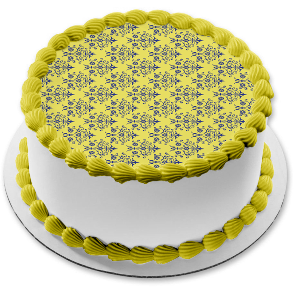 Adorno comestible para tarta con fondo amarillo y patrón de damasco azul, imagen ABPID13093 