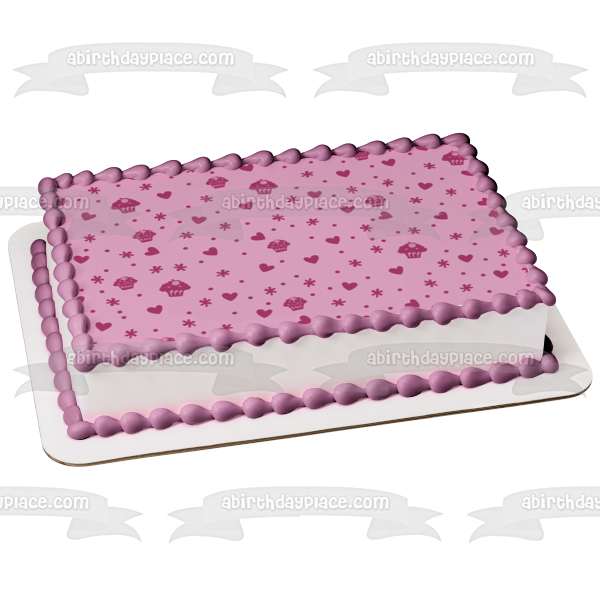 Imagen comestible para tarta con diseño de cupcakes morados, corazones, puntos y estrellas, ABPID13211 