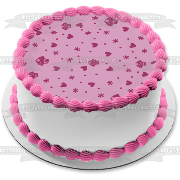 Imagen comestible para tarta con diseño de cupcakes morados, corazones, puntos y estrellas, ABPID13211 