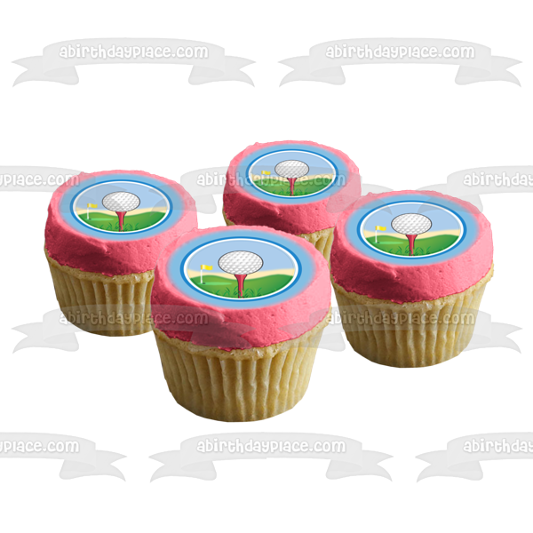 Golf Cartoon Golf Ball Yellow Flag Pink Tee Edible Cake Topper Image ABPID13094