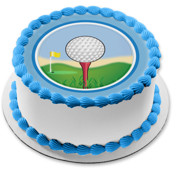 Golf Cartoon Golf Ball Yellow Flag Pink Tee Edible Cake Topper Image ABPID13094