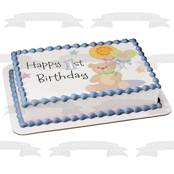 Happy 1st Birthday Teddy Bear Balloons Stars Edible Cake Topper Image ABPID13213