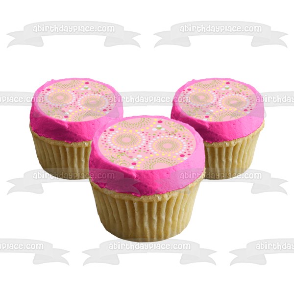 Adorno comestible para tarta con flores de lunares, enredaderas verdes en espiral, fondo rosa, imagen ABPID13097 